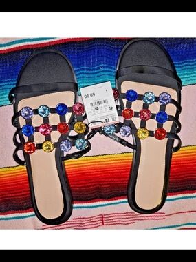ZARA Women's Black Slide Sandals with Multicolor Gem Accents US Size 9